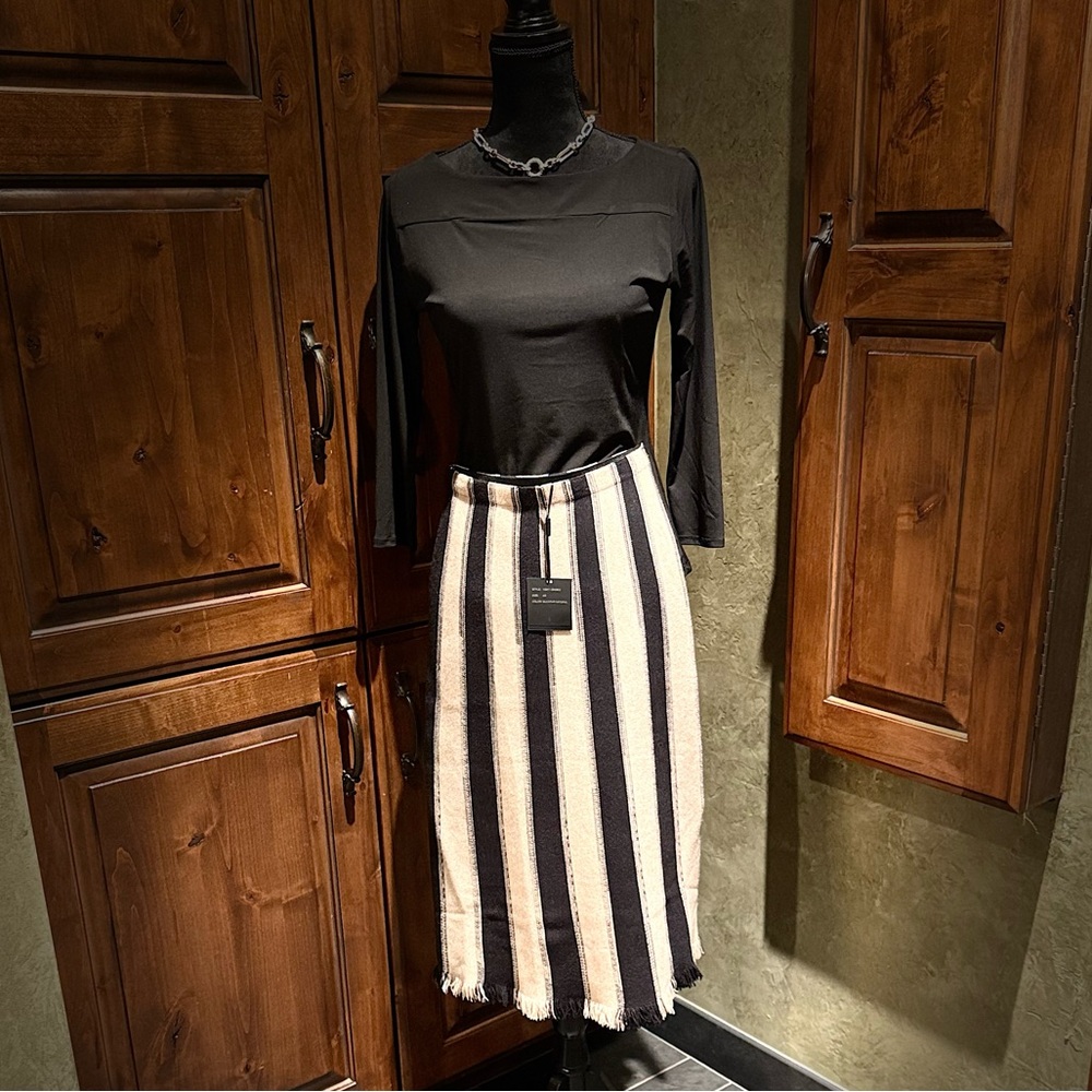 Milano Black and Cream Striped Pencil Fringed Skirt.